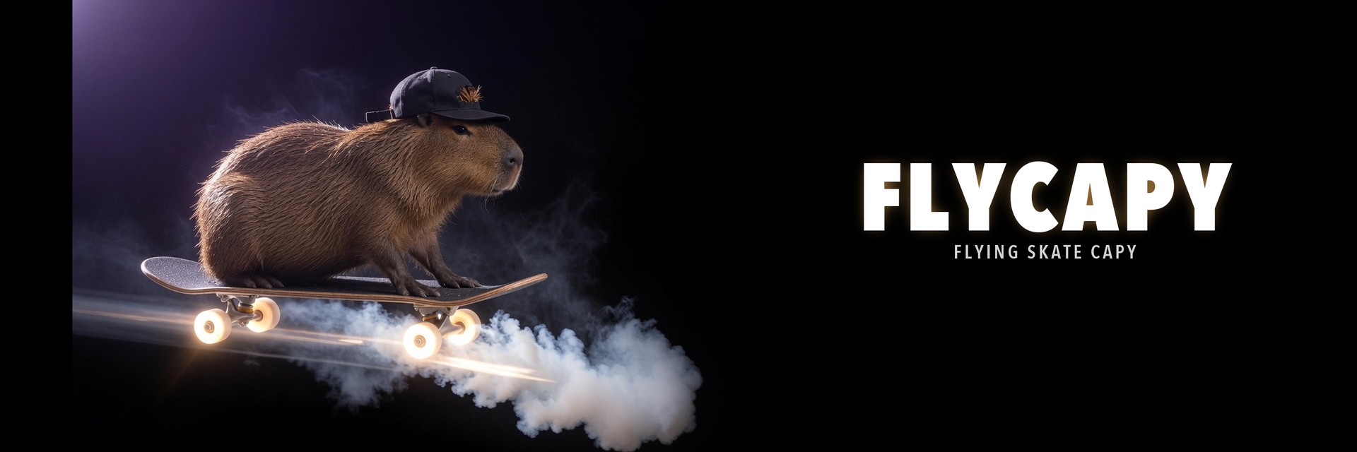 A capybara in a backward cap rides a skateboard. Thrusters light the wheels. The poster reads FLYCAPY, Flying Skate Capy.